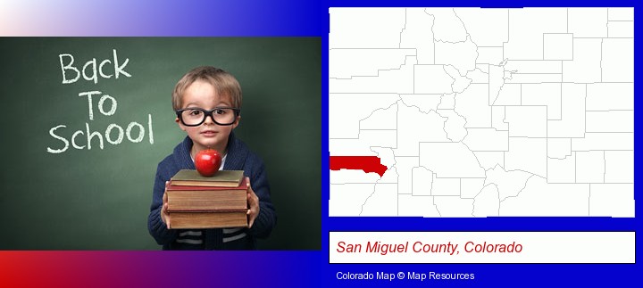 the back-to-school concept; San Miguel County, Colorado highlighted in red on a map