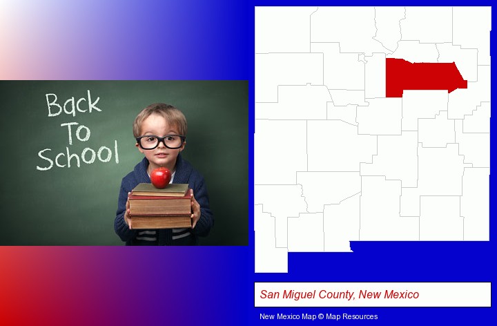 the back-to-school concept; San Miguel County, New Mexico highlighted in red on a map