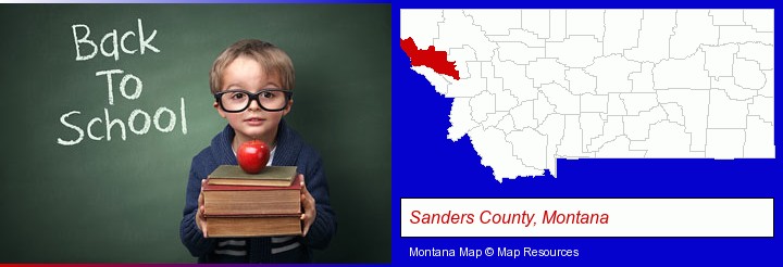 the back-to-school concept; Sanders County, Montana highlighted in red on a map