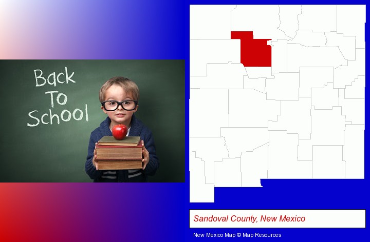 the back-to-school concept; Sandoval County, New Mexico highlighted in red on a map