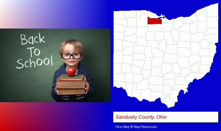 the back-to-school concept; Sandusky County, Ohio highlighted in red on a map