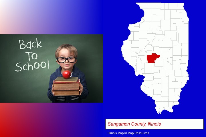 the back-to-school concept; Sangamon County, Illinois highlighted in red on a map