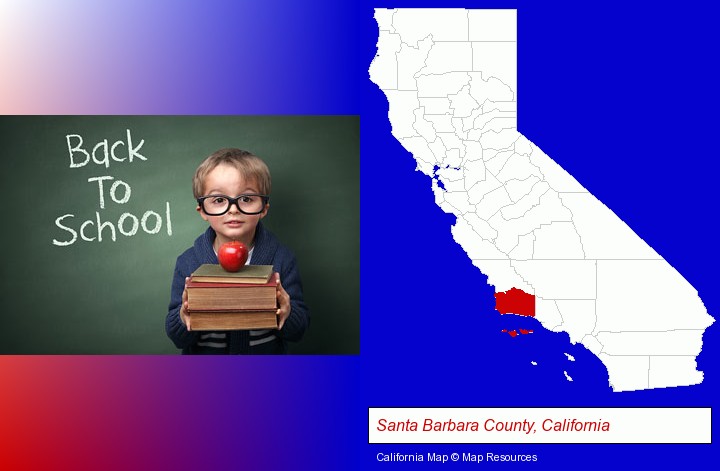 the back-to-school concept; Santa Barbara County, California highlighted in red on a map