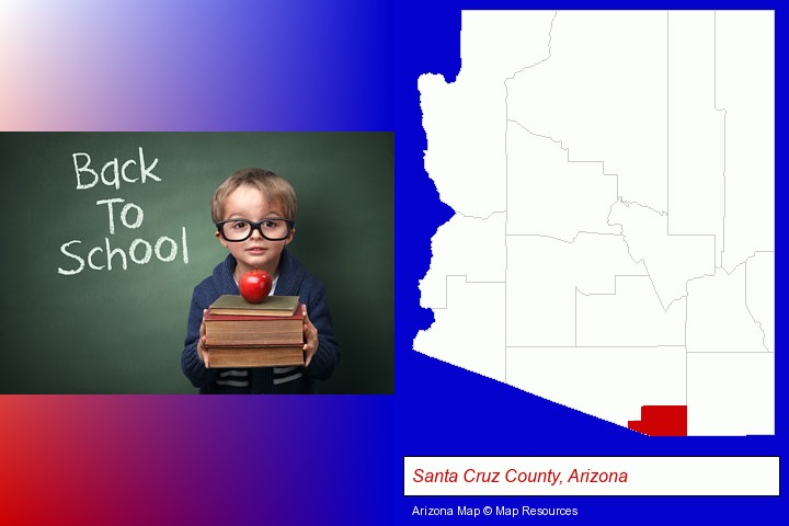 the back-to-school concept; Santa Cruz County, Arizona highlighted in red on a map