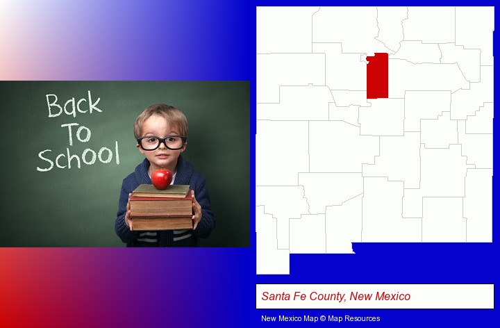 the back-to-school concept; Santa Fe County, New Mexico highlighted in red on a map