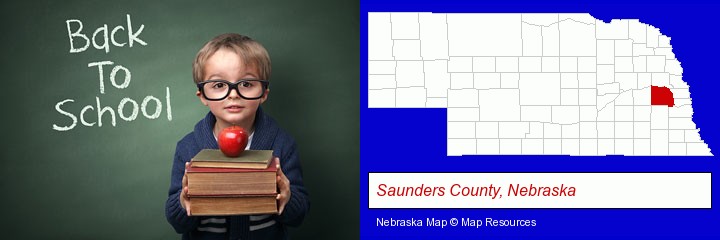 the back-to-school concept; Saunders County, Nebraska highlighted in red on a map