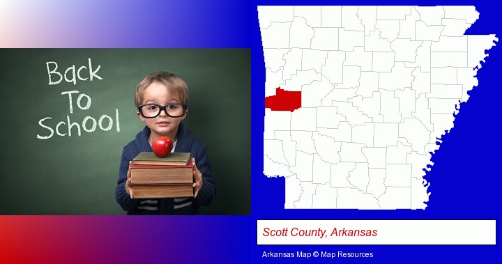 the back-to-school concept; Scott County, Arkansas highlighted in red on a map