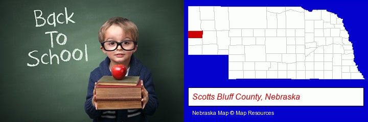 the back-to-school concept; Scotts Bluff County, Nebraska highlighted in red on a map