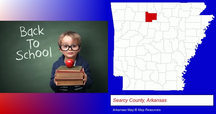 the back-to-school concept; Searcy County, Arkansas highlighted in red on a map