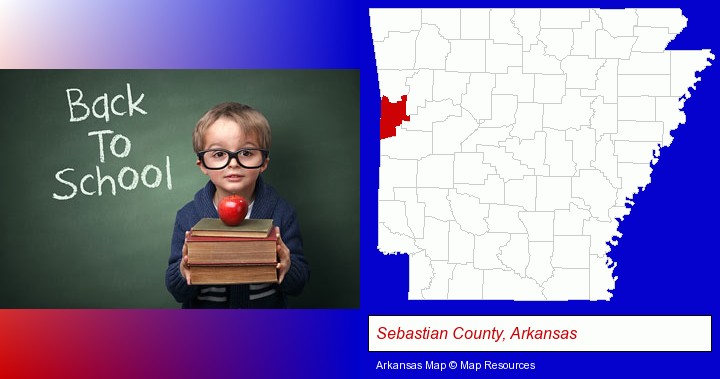 the back-to-school concept; Sebastian County, Arkansas highlighted in red on a map