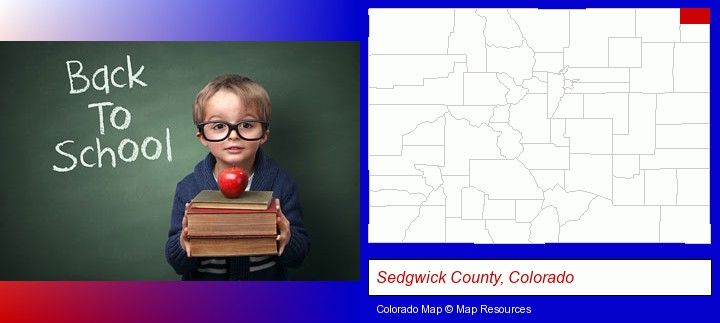the back-to-school concept; Sedgwick County, Colorado highlighted in red on a map