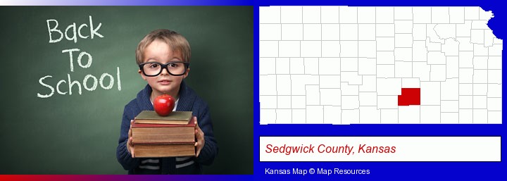 the back-to-school concept; Sedgwick County, Kansas highlighted in red on a map