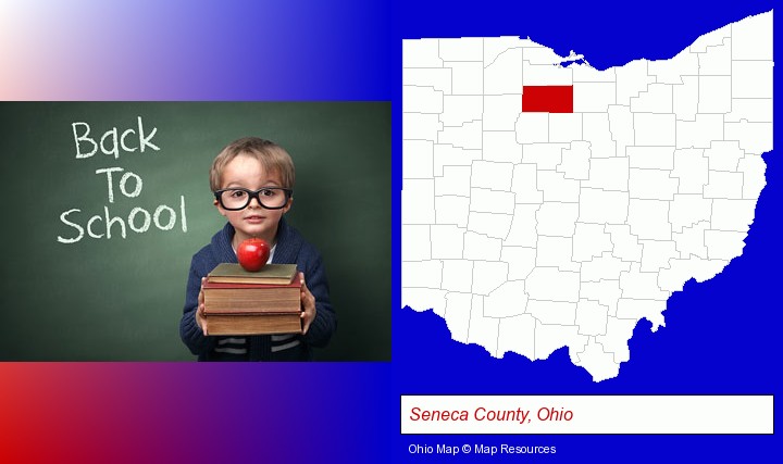 the back-to-school concept; Seneca County, Ohio highlighted in red on a map