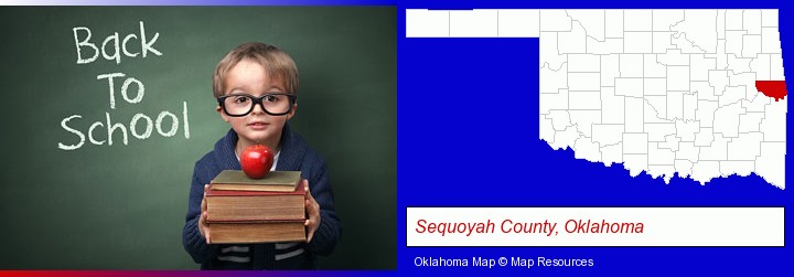 the back-to-school concept; Sequoyah County, Oklahoma highlighted in red on a map
