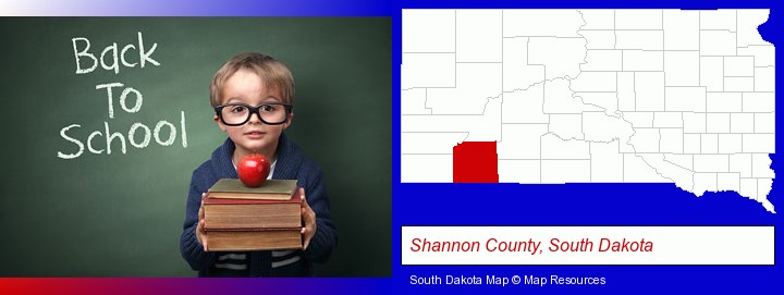 the back-to-school concept; Shannon County, South Dakota highlighted in red on a map