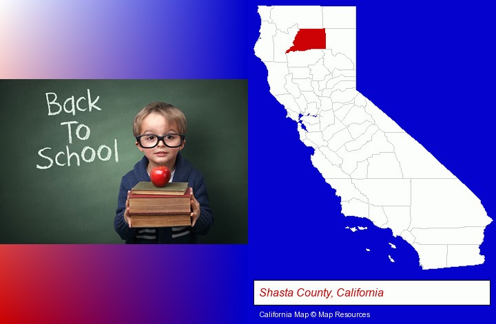 the back-to-school concept; Shasta County, California highlighted in red on a map