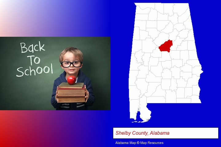 the back-to-school concept; Shelby County, Alabama highlighted in red on a map