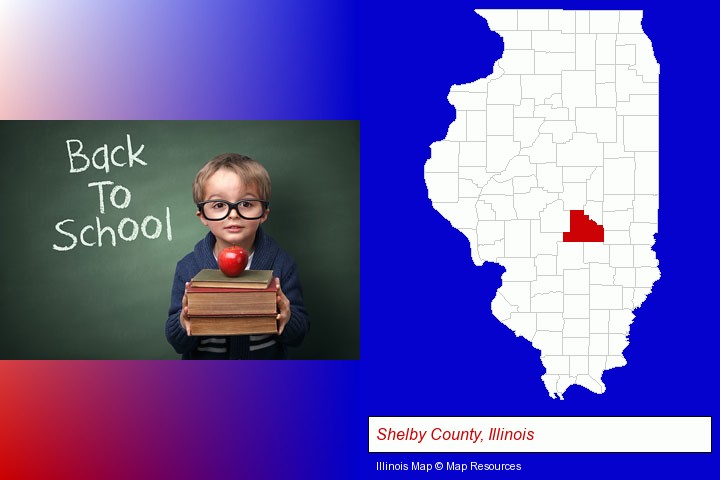 the back-to-school concept; Shelby County, Illinois highlighted in red on a map