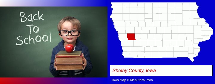 the back-to-school concept; Shelby County, Iowa highlighted in red on a map