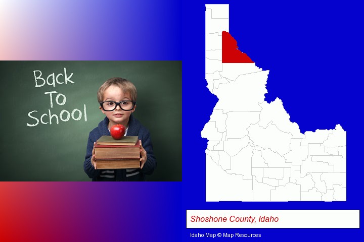 the back-to-school concept; Shoshone County, Idaho highlighted in red on a map