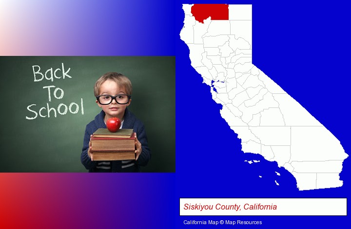 the back-to-school concept; Siskiyou County, California highlighted in red on a map