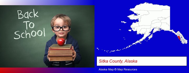 the back-to-school concept; Sitka County, Alaska highlighted in red on a map