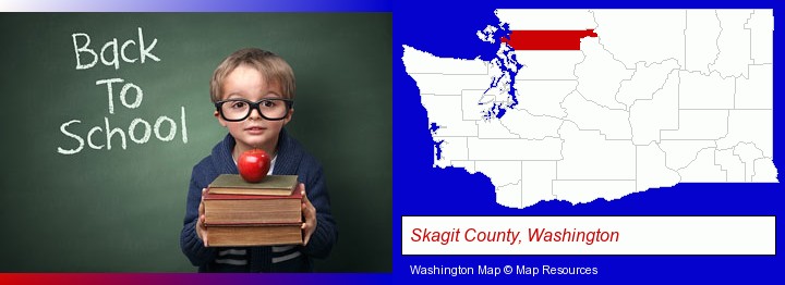 the back-to-school concept; Skagit County, Washington highlighted in red on a map