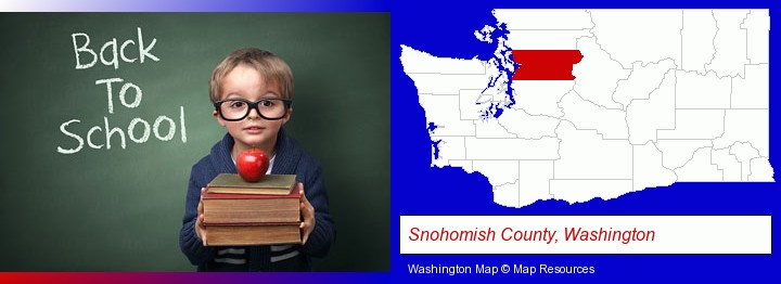 the back-to-school concept; Snohomish County, Washington highlighted in red on a map