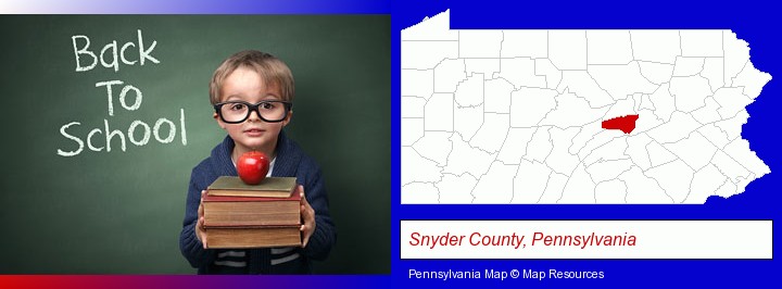 the back-to-school concept; Snyder County, Pennsylvania highlighted in red on a map
