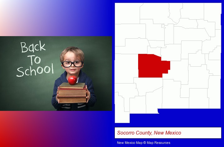 the back-to-school concept; Socorro County, New Mexico highlighted in red on a map