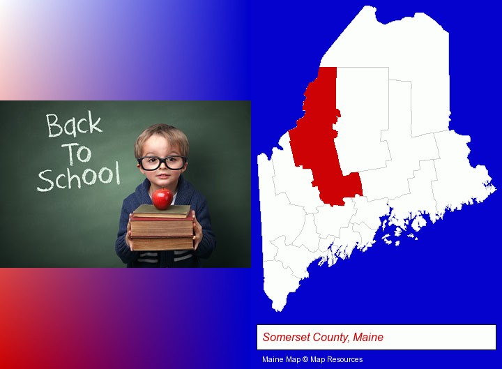 the back-to-school concept; Somerset County, Maine highlighted in red on a map