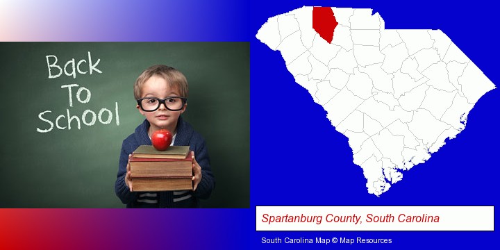the back-to-school concept; Spartanburg County, South Carolina highlighted in red on a map