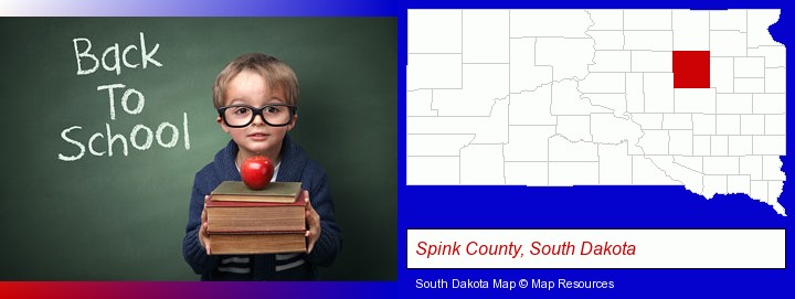 the back-to-school concept; Spink County, South Dakota highlighted in red on a map