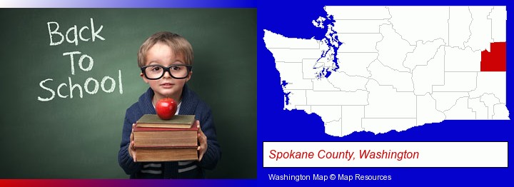 the back-to-school concept; Spokane County, Washington highlighted in red on a map