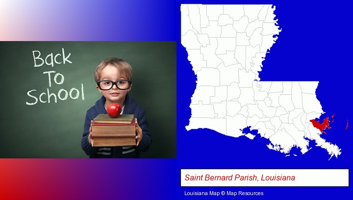 the back-to-school concept; Saint Bernard Parish, Louisiana highlighted in red on a map