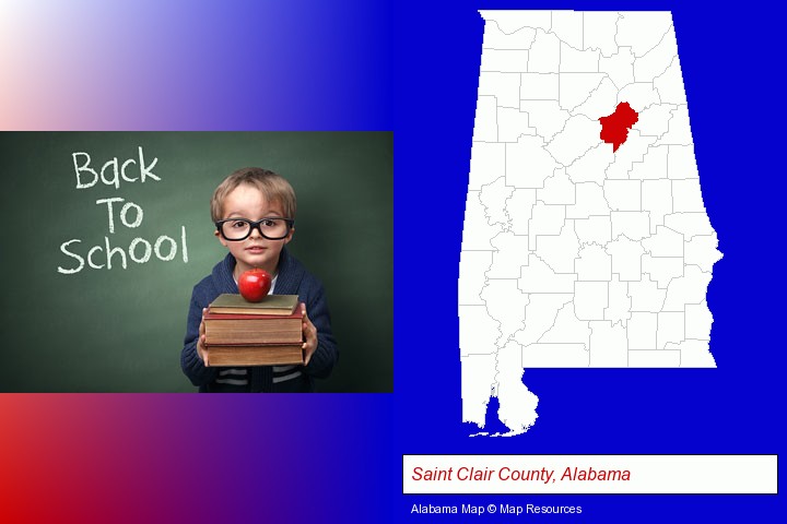 the back-to-school concept; Saint Clair County, Alabama highlighted in red on a map