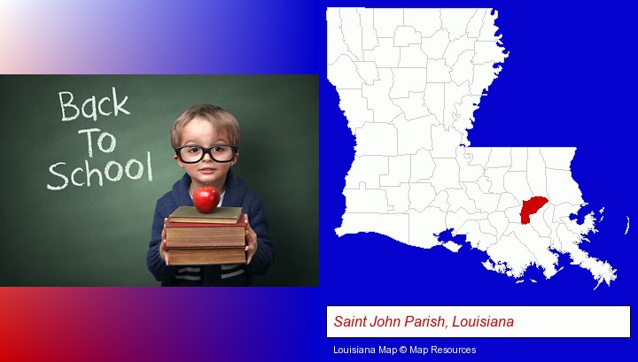 the back-to-school concept; Saint John Parish, Louisiana highlighted in red on a map