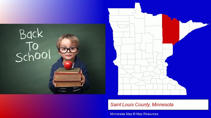 the back-to-school concept; Saint Louis County, Minnesota highlighted in red on a map