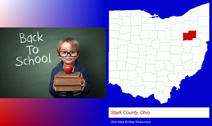 the back-to-school concept; Stark County, Ohio highlighted in red on a map