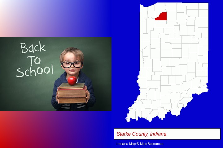 the back-to-school concept; Starke County, Indiana highlighted in red on a map