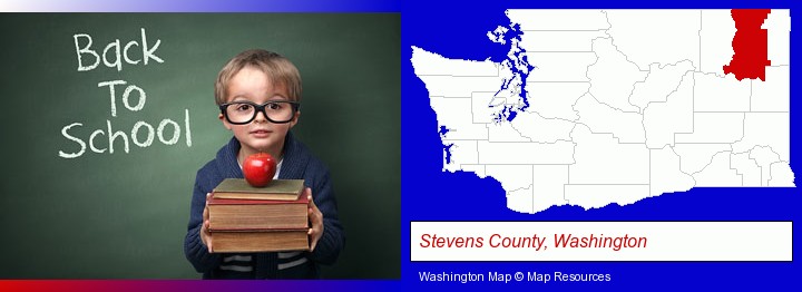 the back-to-school concept; Stevens County, Washington highlighted in red on a map