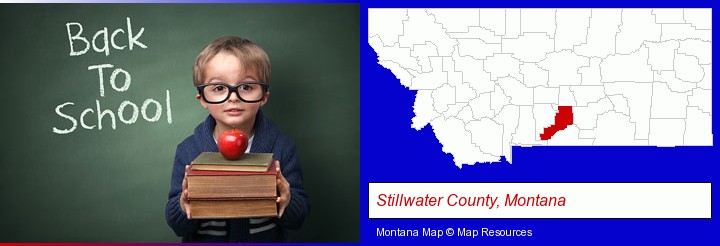 the back-to-school concept; Stillwater County, Montana highlighted in red on a map
