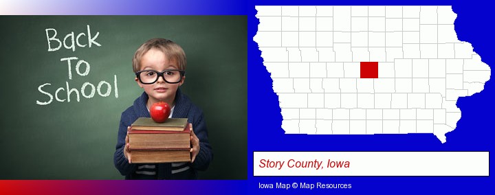 the back-to-school concept; Story County, Iowa highlighted in red on a map