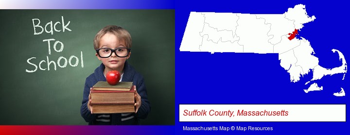 the back-to-school concept; Suffolk County, Massachusetts highlighted in red on a map