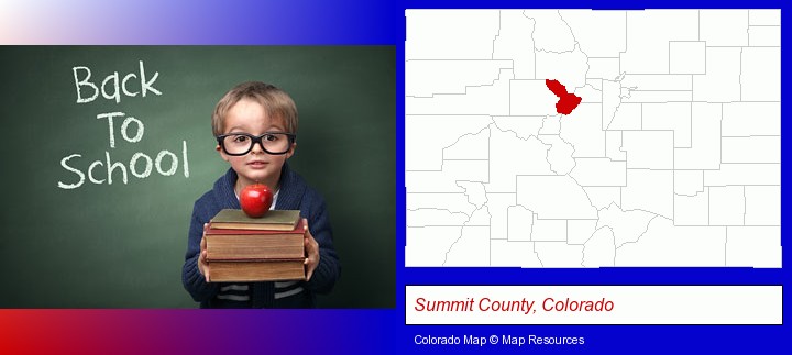 the back-to-school concept; Summit County, Colorado highlighted in red on a map