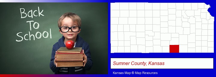 the back-to-school concept; Sumner County, Kansas highlighted in red on a map