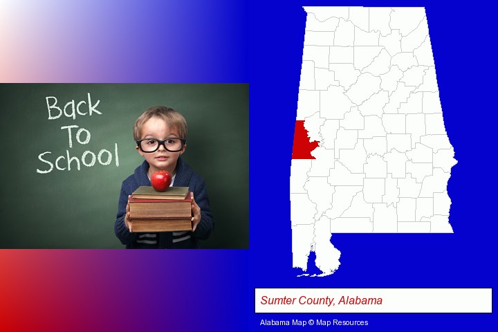 the back-to-school concept; Sumter County, Alabama highlighted in red on a map