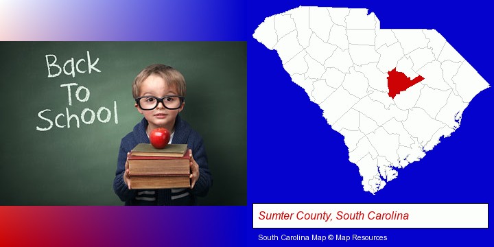 the back-to-school concept; Sumter County, South Carolina highlighted in red on a map