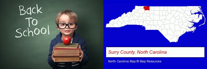 the back-to-school concept; Surry County, North Carolina highlighted in red on a map