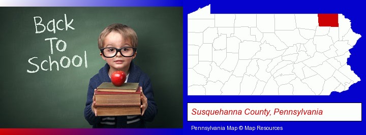 the back-to-school concept; Susquehanna County, Pennsylvania highlighted in red on a map